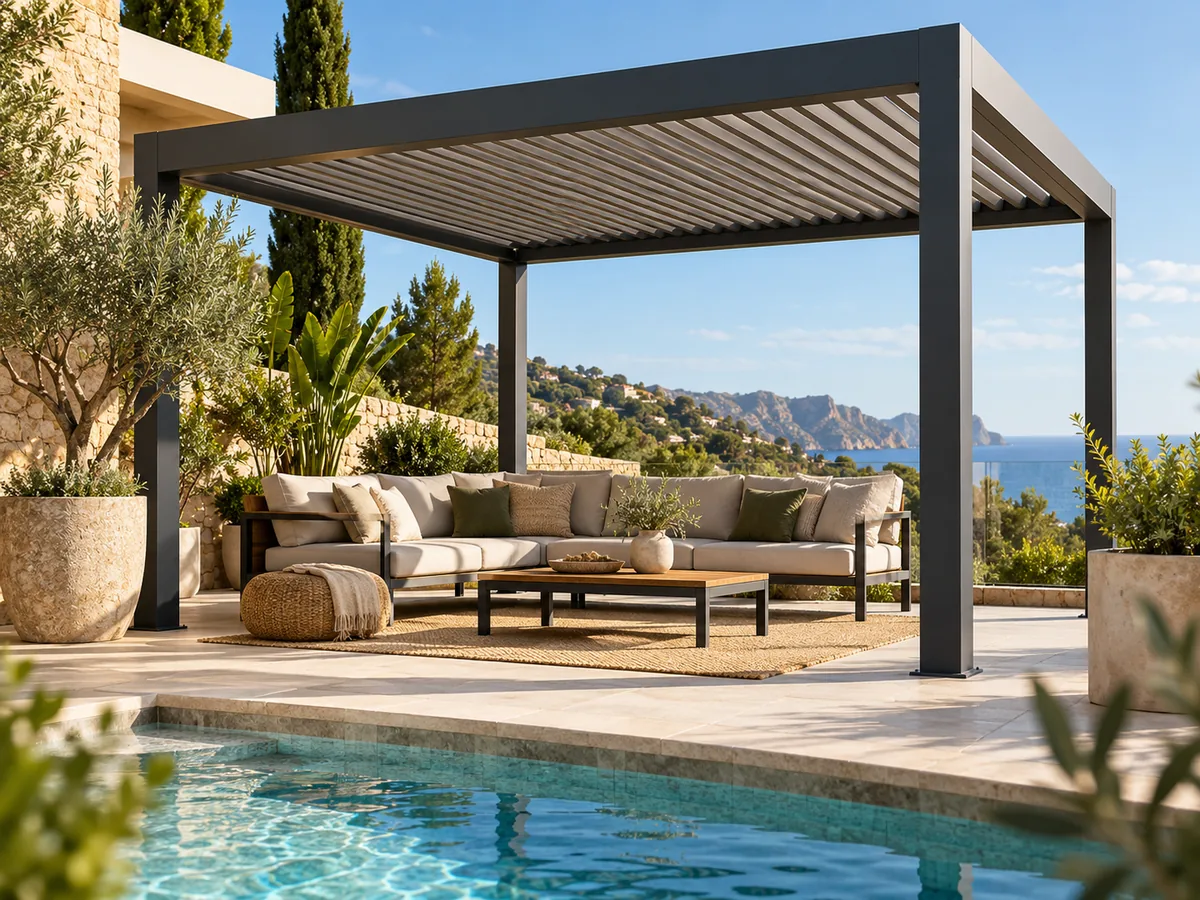 Pérgola bioclimática en terraza con vistas al mar