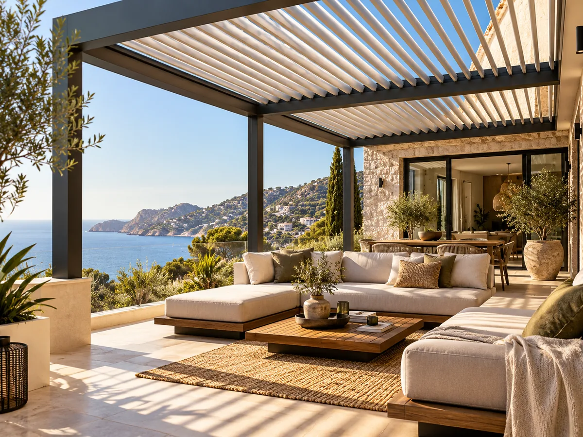 Pérgola fotovoltaica moderna en una vivienda mediterránea